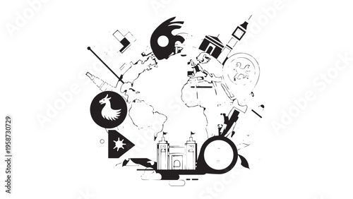 Creative digital marketing concept with various icons and devices in black and white.