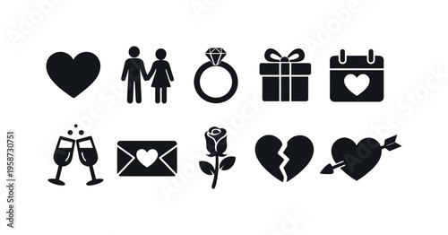 Collection of romantic and relationship icons for Valentine's Day or weddings