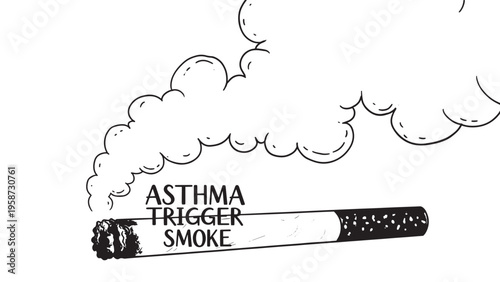 Close-up of an asthma inhaler with smoke and clouds in the background.