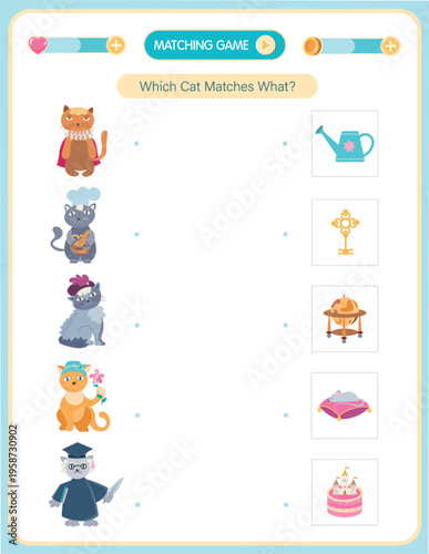 Cute anthropomorphic cats in different professions (scientist, page boy, gardener, chancellor, chef) with matching objects such as globe, key, watering can, cake and pillow with mouse, kids matching 