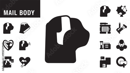 Set of black and white mail and envelope icons with related symbols and gestures.