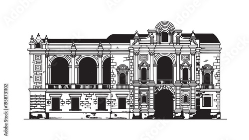 Ornate historic building facade with arches and decorative stonework illustrated in black and white.