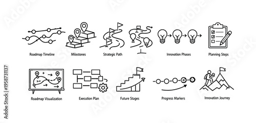 Collection of business strategy and planning icons with simple line art style