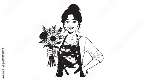 Stylish illustrated woman holding a bouquet of sunflowers in a confident pose, showcasing fashion and artistic expression.