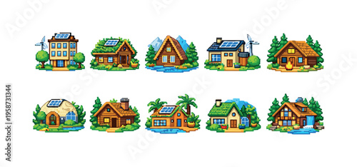 Collection of pixel art eco-friendly houses and buildings with renewable energy sources