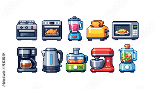 Pixel art collection of various kitchen appliances for cooking and baking