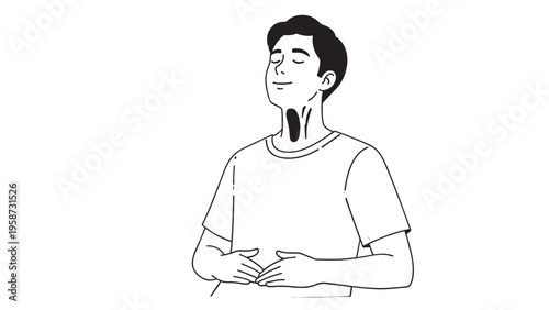 Minimal line drawing of a thoughtful man with folded hands.