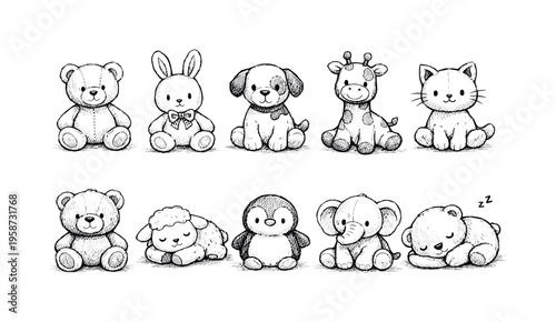 Collection of adorable hand-drawn plush animal toys in a sketch style