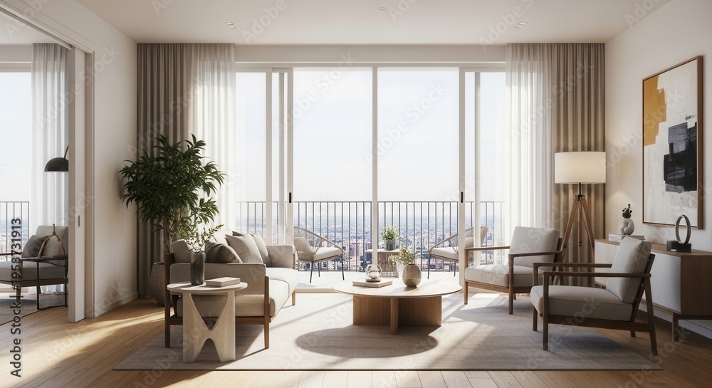 Fototapeta premium Modern Apartment Living Room With City Views And Balcony Furniture