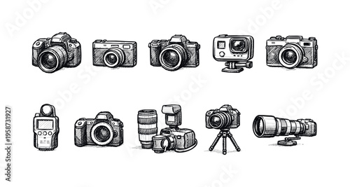 Collection of hand-drawn cameras and photography equipment in a sketch style
