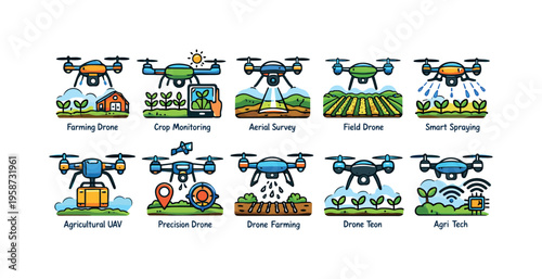 Set of agricultural drone icons illustrating modern farming technologies and applications