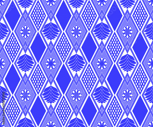Blue floral and seamless geometric pattern background with delicate leaves and berries.