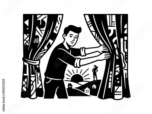 Surreal man opening curtains to reveal a bright countryside