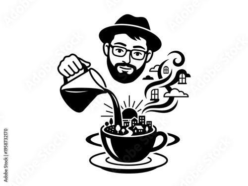 Black and white surreal barista pouring coffee into a city cup