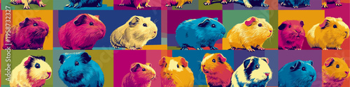Nine cute guinea pigs in a colorful pop art distinct grid pattern. Pop art guinea pig distinct pet portraits grid