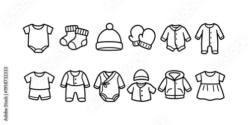 Collection of simple line art icons representing various baby clothing items