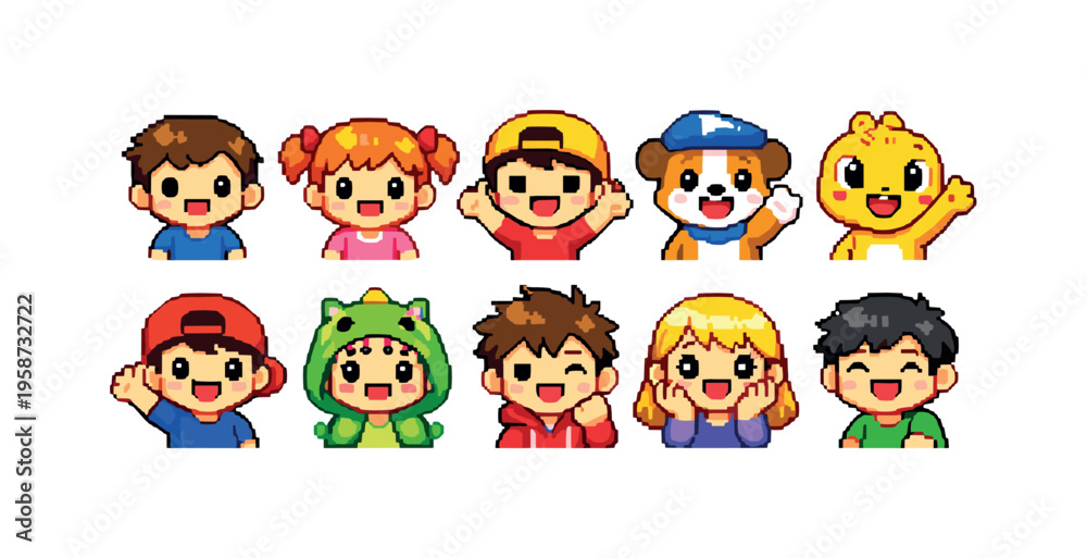 Obraz premium Collection of cute pixel art characters including children and animals waving hello