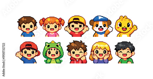 Collection of cute pixel art characters including children and animals waving hello