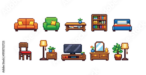 Collection of pixel art furniture icons for interior design and gaming