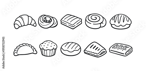 Collection of hand-drawn pastry icons for baking and food-related designs