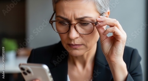 Senior business woman in glasses looking closely at smartphone screen with serious concerned expression. Mature female executive checking financial data or reading bad news on mobile.