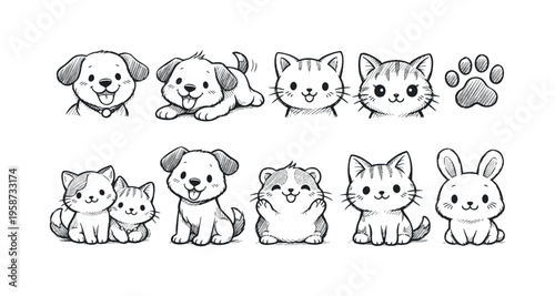 Collection of adorable hand-drawn cartoon animals including dogs, cats, and a rabbit