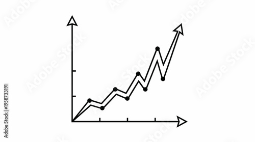 Monochrome Line Graph with Sharp Zigzag Upward Trend Illustrating Dynamic Market Volatility and Overall Growth on Isolated White Background