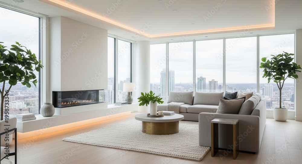 Fototapeta premium Modern Apartment Living Room With Fireplace And City Views