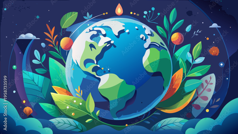 Naklejka premium Vector illustration of Earth surrounded by leaves and eco-friendly icons