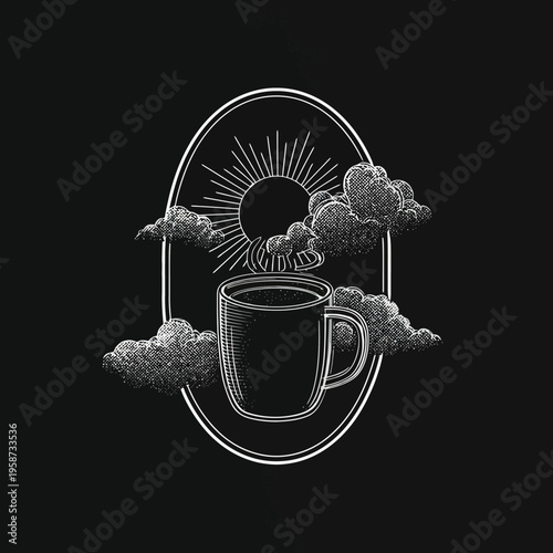 Vintage Hand-Drawn Coffee Mug Illustration with Sun and Clouds. Engraving Style Morning Drink Artwork on Dark Background.