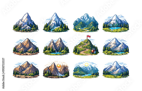 Collection of pixel art mountain landscapes with diverse natural elements and weather conditions