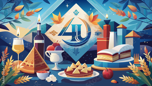 Vector illustration of Jewish holiday table setting with food and wine