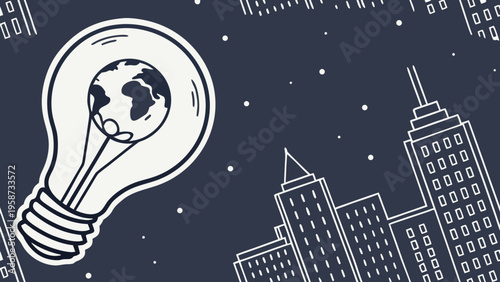 Vector illustration of light bulb with cityscape background