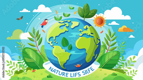 Vector illustration of Earth with nature elements and 'Nature Lifts Life' text