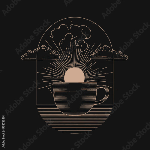 Elegant minimalist line art illustration of a coffee cup with a rising sun and clouds, symbolizing morning energy and new beginnings.