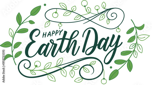 Happy Earth Day vector illustration with green leaves and vines