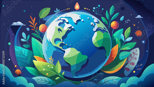 Vector illustration of Earth surrounded by leaves and eco-friendly icons