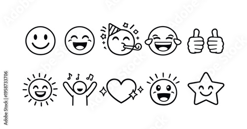 Collection of happy and positive doodle icons representing emotions and celebration