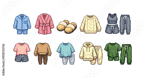 Pixel art collection of cozy loungewear and sleepwear sets for comfort
