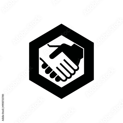 Modern vector icon of two hands shaking within a hexagonal frame, symbolizing business partnership and agreement.