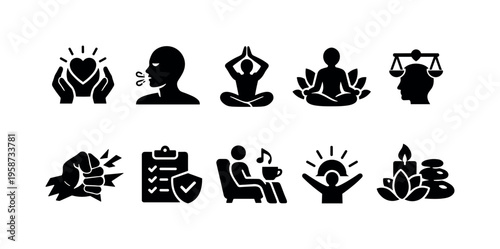 Collection of icons representing mental health, wellness, and self-care practices