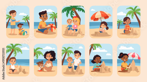 A cheerful cartoon boy sits on a sandy beach, exuding a sense of relaxation and joy.