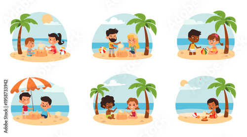 A cheerful cartoon man stands on a sandy beach with a serene ocean background, evoking a sense of summer relaxation and leisure.