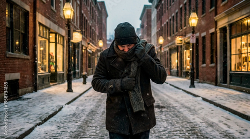 Man walking in snowy street wearing warm coat and scarf during winter  