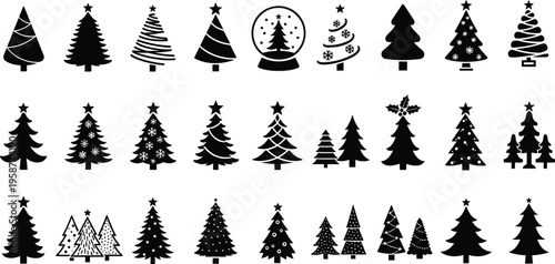 Black silhouette Christmas tree icons, festive winter illustration, holiday artwork, seasonal decoration design reference, decorative symbol sketch, joyful celebration artwork