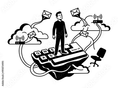 Remote worker on floating keyboard silhouette bundle