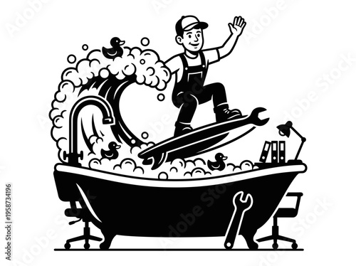 Plumber surfing bathtub bubbles silhouette bundle