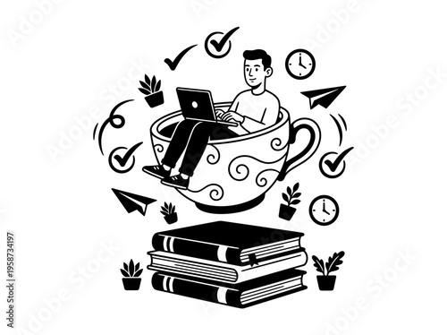 Freelancer working in coffee cup silhouette bundle