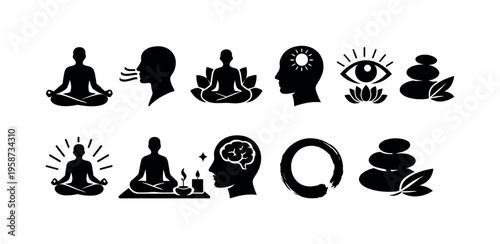 Collection of meditation and mindfulness icons representing inner peace and mental clarity