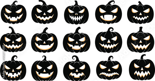 Black silhouette Halloween pumpkin icons, jack‑o’‑lantern illustration, spooky face artwork, festive design reference, scary symbol sketch, eerie celebration artwork